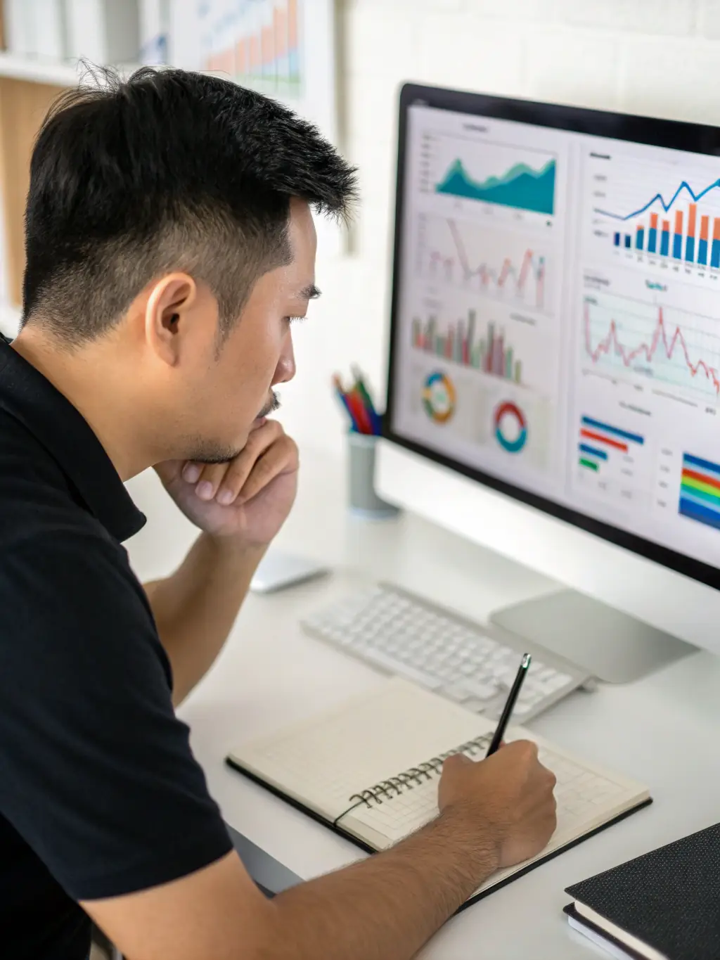 A professional South African financial consultant analyzing market data with a focused expression, illuminated by the glow of multiple monitors displaying financial charts and graphs.