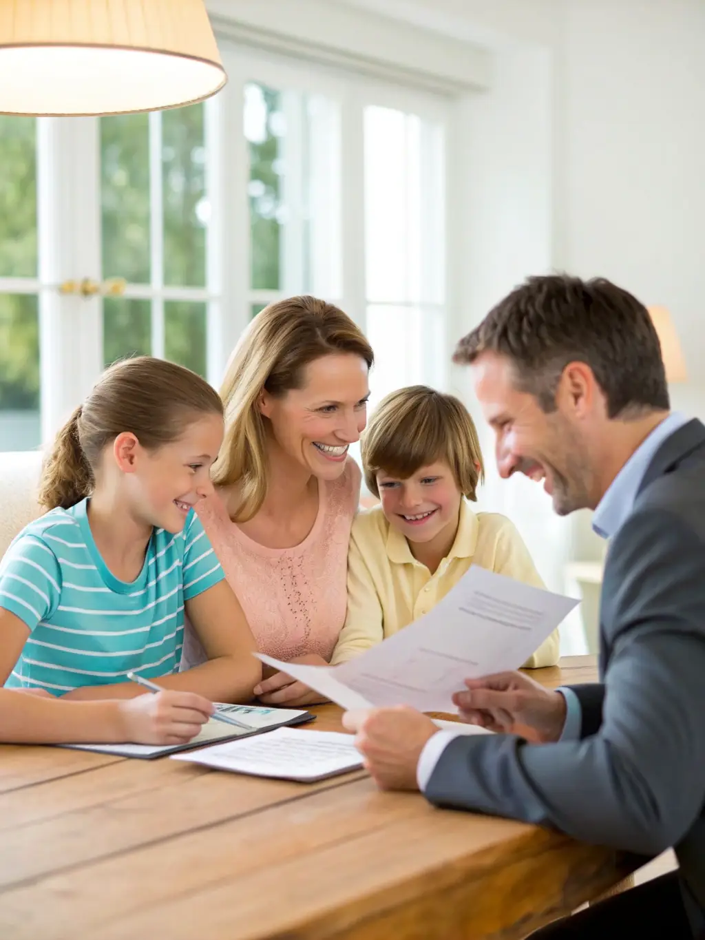 An elegant South African family is gathered around a table, reviewing financial documents with a trusted advisor in a modern, sunlit home.