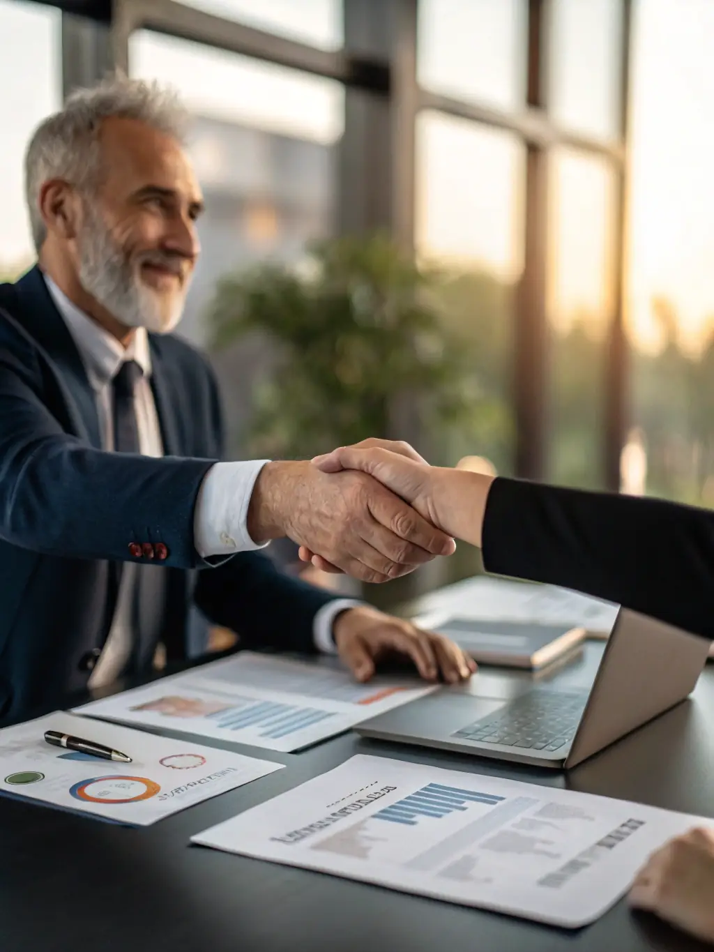 A South African entrepreneur confidently shakes hands with a financial consultant in a modern office setting, symbolizing a successful partnership.
